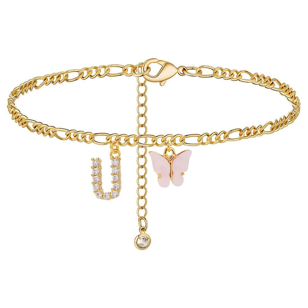 Kawaii Butterfly Initial A-Z Anklets 🌈✨ Waterproof Leg Chains for Trendy Girls | Cute Jewelry Gift for Parties 🦋💖