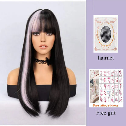 Kawaii Long Black & Red Wavy Wig 💖✨ - Cosplay & Daily Use with Bangs 🎀 | Harajuku Style!