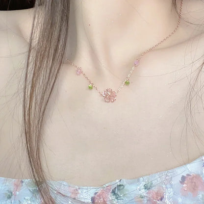 Kawaii Pink Cherry Blossom Crystal Pendant Necklace 🌸✨ | Sweet Flower Charm for Women’s Weddings & Parties 🎉💖