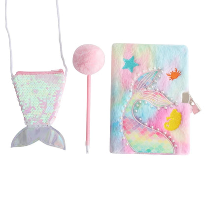 Kawaii Mermaid Plush Stationery Set 🧜‍♀️✨ - Fishtail Notebook, Cute Ballpoint Pen & Crossbody Bag for School & Office Supplies! 🌟📚🎒