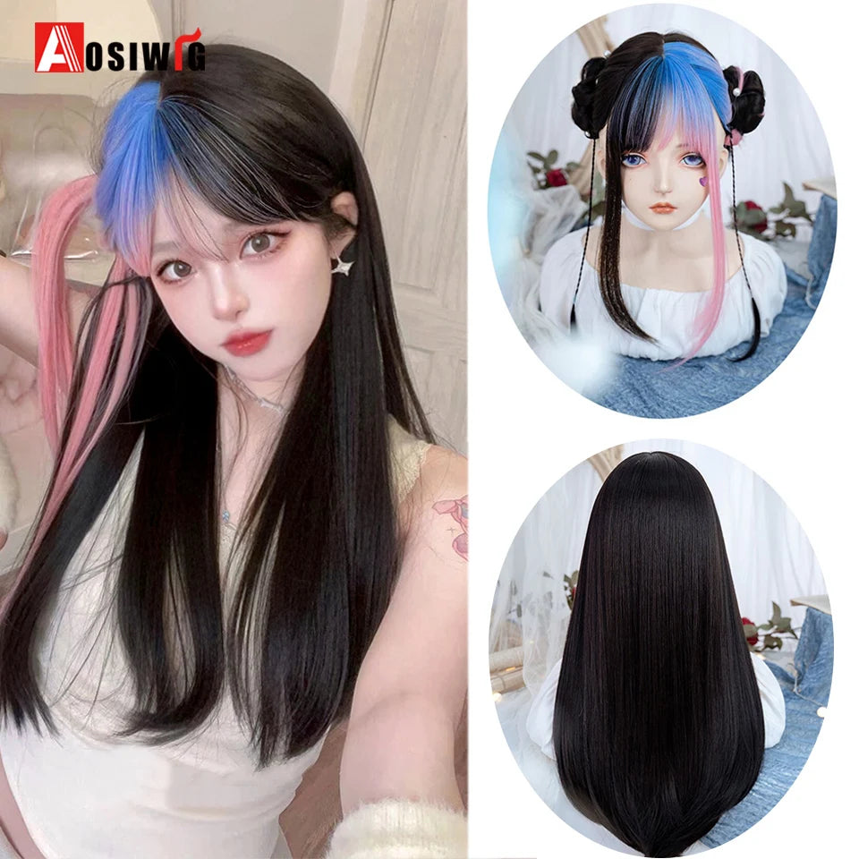 Cute Ombre Blonde & Black Double Ponytail Lolita Wig 🎀✨ - Kawaii Cosplay Hair with Bangs for Harajuku Style! 💖👸