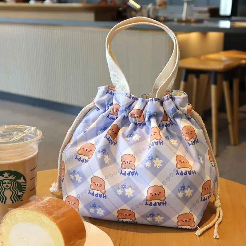 Kawaii Canvas Lunch Bag 🌸🌼 Cute Cartoon Flowers & Animals 🌈 Perfect for School & Picnics 🎒✨