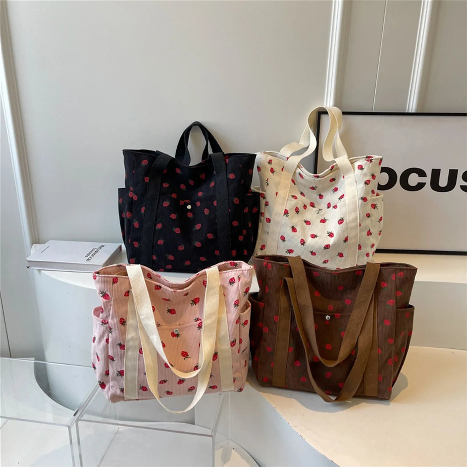 Strawberry Dreams 🍓✨ Cozy Corduroy Shoulder Bag for Stylish Adventures! 👜❤️ - Pixie Quill