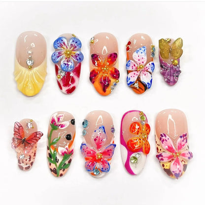 Kawaii Tropical Flower Press-On Nails 🌺✨ | 24PCS Colorful 3D Butterfly & Shell Art 💅🌈