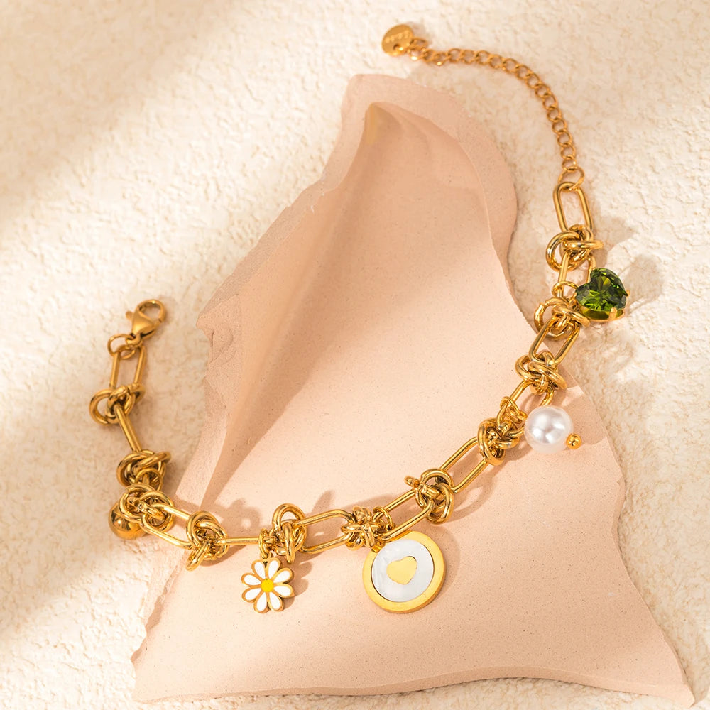 Dreamy Pearl Flower Pendant Bracelet With Zircon And Mother Of Pearl In 18K Gold Stainless Steel For Women Gift 💖🌸✨