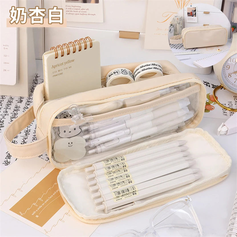 Kawaii Transparent Pencil Case 🍭✨ | Multifunctional Storage Bag for Girls 🎀 | Large Capacity Double Layer School Supplies 🎨✏️