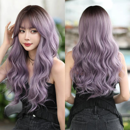 Kawaii Dreamy Sakura Pink Wavy Wig 🌸✨ | High-Density Curly Hair with Bangs for Sweet Girls 💖🎀