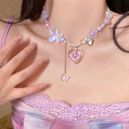 Kawaii Heart & Butterfly Choker Necklace 🌈✨ | Y2K Aesthetic Punk Jewelry for Girls 💖🎀