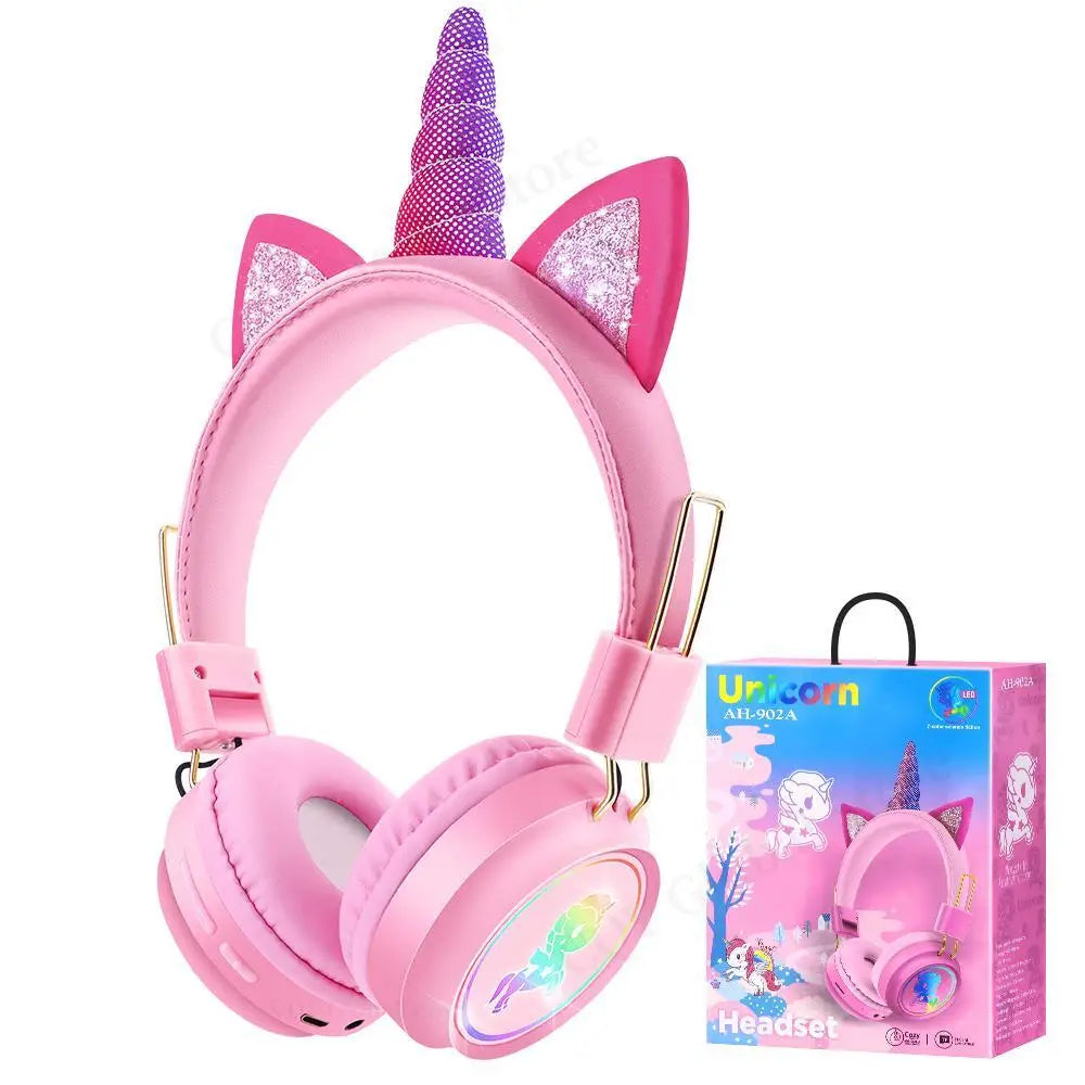 Kawaii Rainbow Unicorn Wireless Headphones 🎧✨ - Cute Stereo Earphones for Kids with RGB Lights & Mic, Perfect Gift! 🦄💖