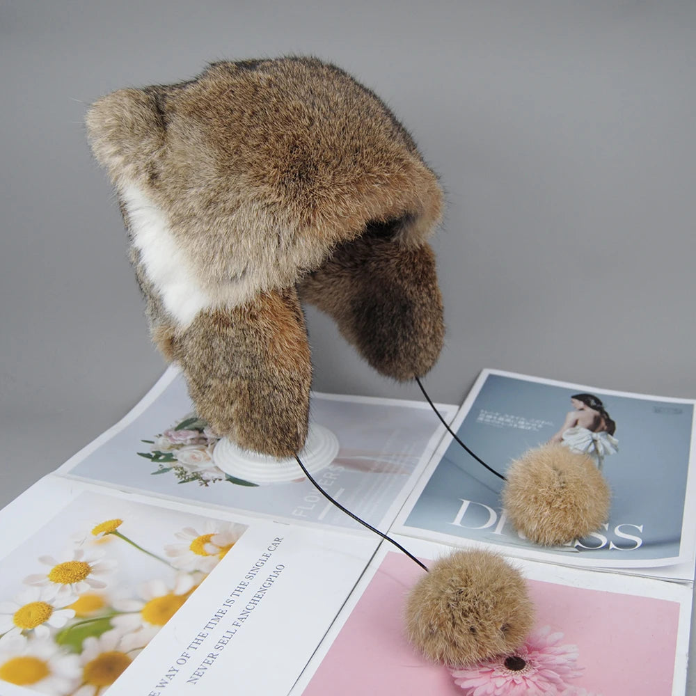 Lux Real Rabbit Fur Bomber Hat for Women with Pom Pom Warm Winter Cap ❄️🐰