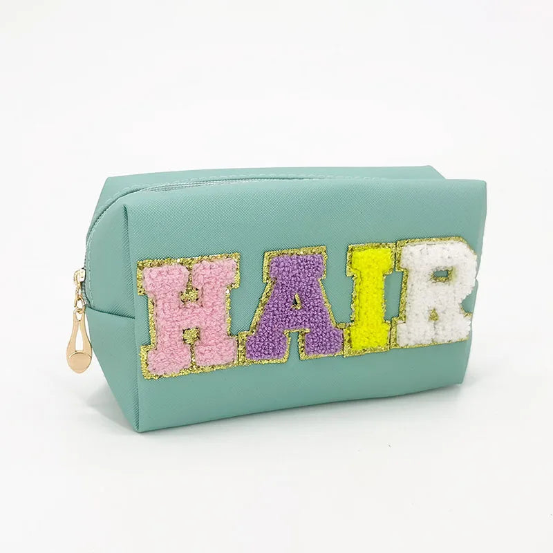 Kawaii Chenille Letter Waterproof Makeup Pouch ✨👜 Cute PU Leather Toiletry Bag for Travel 🌈💖