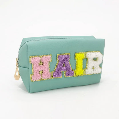 Kawaii Chenille Letter Waterproof Makeup Pouch ✨👜 Cute PU Leather Toiletry Bag for Travel 🌈💖