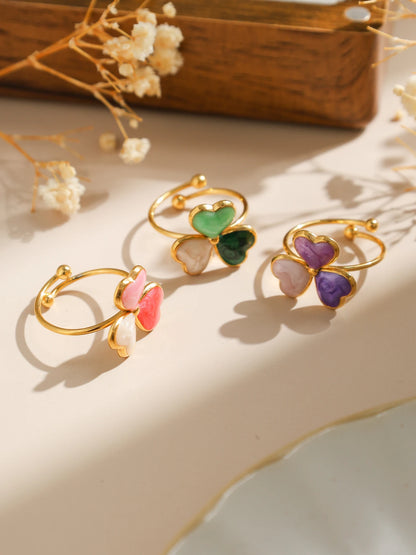 Multicolor Enamel Clover Ring For Women Stainless Steel 18K Gold Plated Waterproof Cute Lucky Jewelry 🍀💍✨