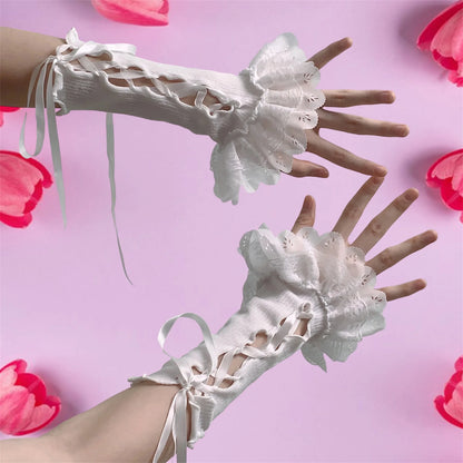 Women Lace Fingerless Gloves With Bowknot For Lolita Cosplay Arm Warmers 💗🎀