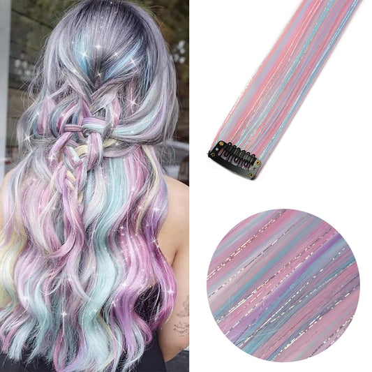 Kawaii Unicorn Glitter Hair Extensions ✨🌈 | Clip-in Colorful Tinsel Highlights for Magical Looks! 🦄🎉