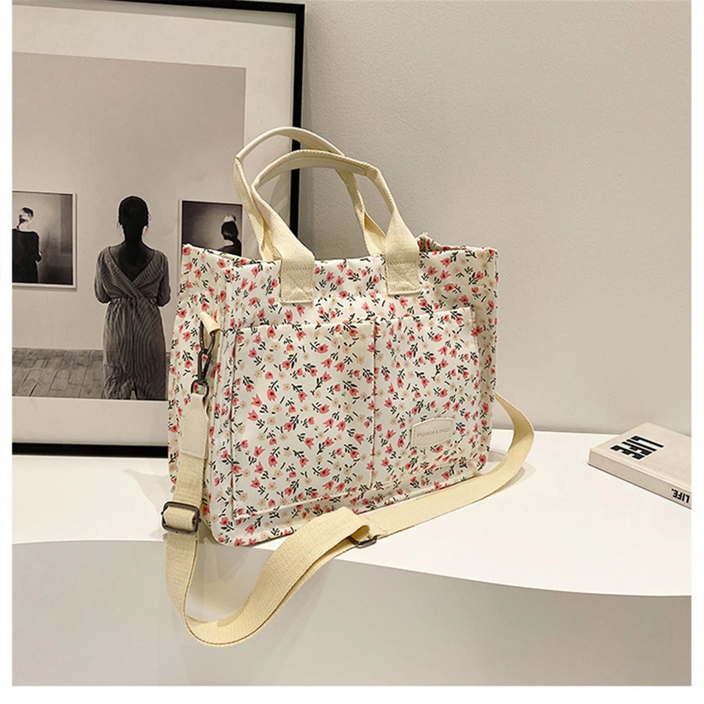 Kawaii Cherry Blossom Tote Bag 🍒✨ - Cute Multi-Pocket Canvas Handbag for Women | Perfect for Work & Travel ❤️👜