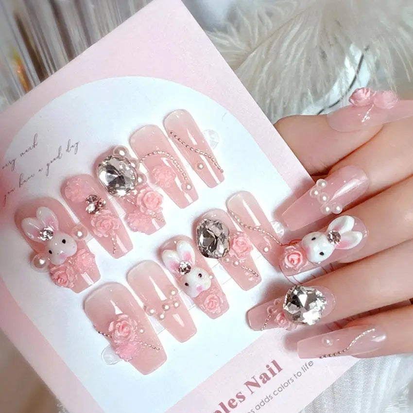 Kawaii Bunny Blossom 🌸✨ 24pcs Pink Flower Rhinestone Coffin Press-On Nails - Acrylic Nail Art for a Cute Touch! 🐰💖