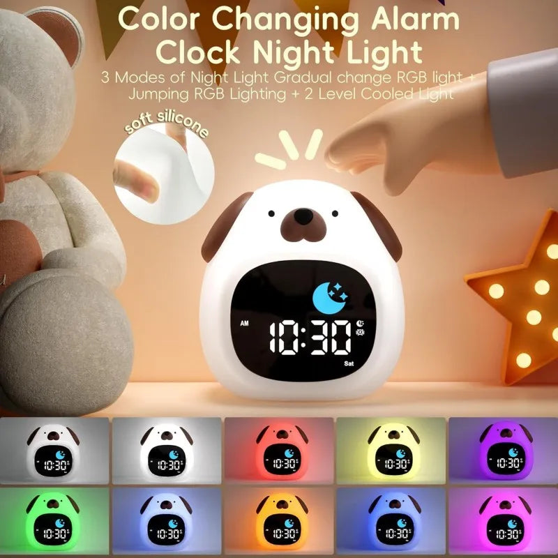 Kawaii Puppy Alarm Clock 🐶💤 | Cute Toddler Sleep Trainer with Colorful Night Light 🌈✨ for Kids' Bedrooms