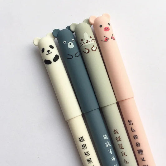 Kawaii Erasable Gel Pen Set 🐷🐻🐱🐭 - 4 Adorable Designs for School & Office ✏️✨ - 0.35mm Blue & Black Ink