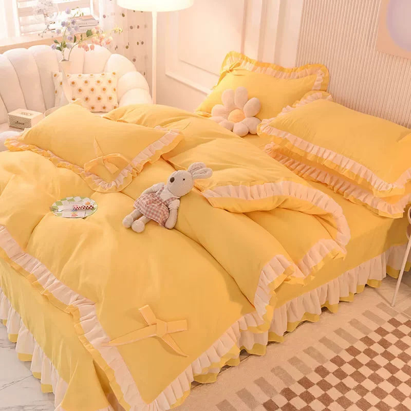 🌟 Kawaii Green Seersucker Bedding Set 🌙 4-Piece Princess Duvet & Pillowcase - Cute Home Decor! 🛏️💚