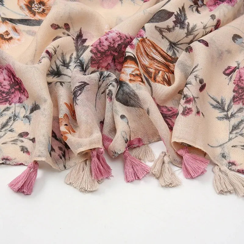 Floral Tassel Shawl For Women Sun Shield Wrap 180x90cm Cotton Viscose Hijab 🌸🧣