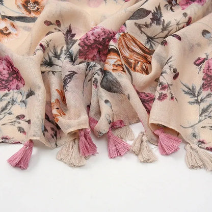 Floral Tassel Shawl For Women Sun Shield Wrap 180x90cm Cotton Viscose Hijab 🌸🧣