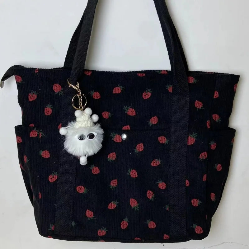 🍓 Adorable Strawberry Corduroy Shoulder Bag 🎒 Stylish & Spacious Classroom Tote! 🌸 - Pixie Quill