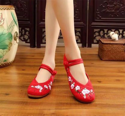Retro Red Embroidered Ballet Flats Women Casual Anti Skid Hemp Flat Shoes 👡🌸