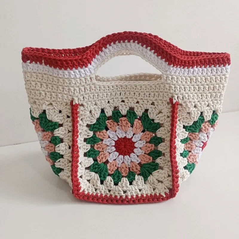 Granny Square Crochet Shoulder Bag For Women Handmade Yarn Canvas Shopper 🍓🧶