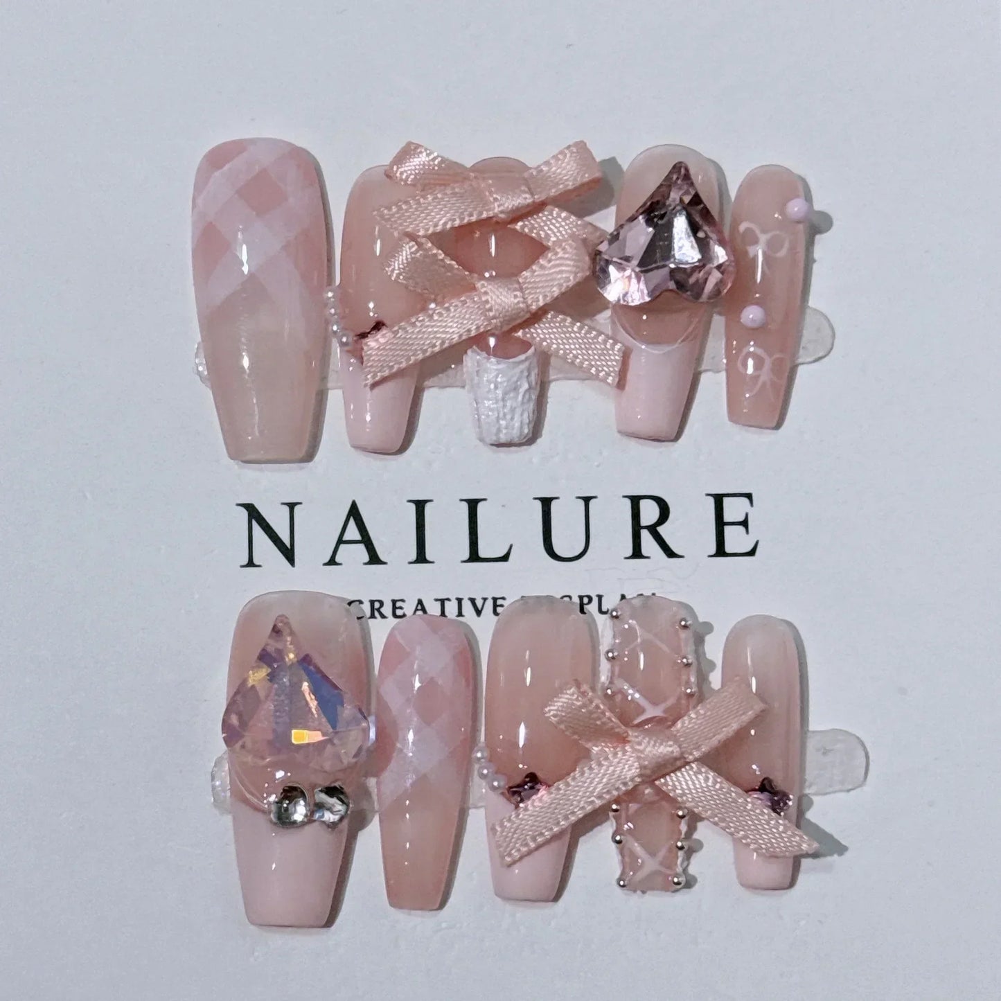 Kawaii 3D Press-On Nails Set 💖✨ - 10Pcs with Love Hearts, Moon, Butterfly & Rhinestones 🌙🦋 - Perfect for Nail Art Lovers!