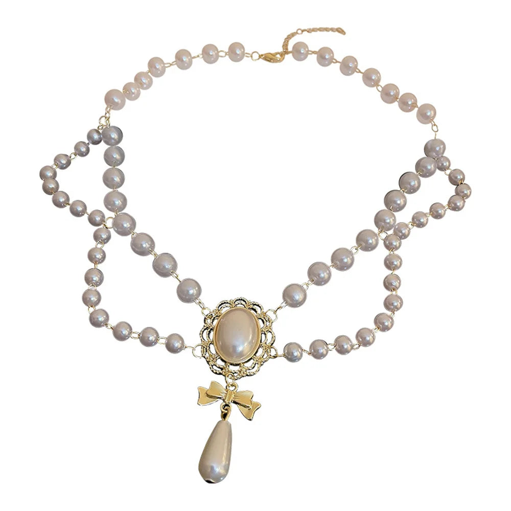 Kawaii Double White Pearl Heart Choker 💖✨ | Adorable Vintage Necklace with Bowknot Pendant for Weddings & Parties!