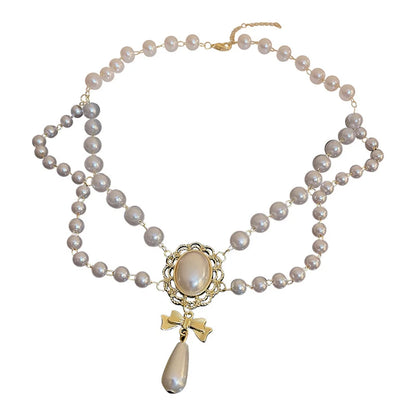 Kawaii Double White Pearl Heart Choker 💖✨ | Adorable Vintage Necklace with Bowknot Pendant for Weddings & Parties!