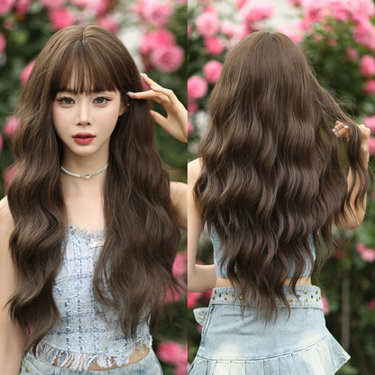 Kawaii Dreamy Sakura Pink Wavy Wig 🌸✨ | High-Density Curly Hair with Bangs for Sweet Girls 💖🎀