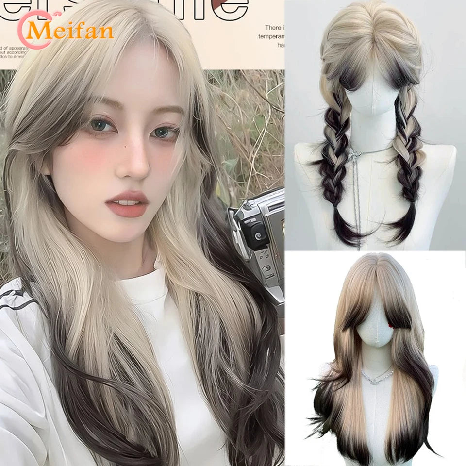 Kawaii Ombre Pink & Blonde Long Straight Wig 🎀✨ - Cute Lolita Cosplay Hair for Parties & Halloween! 🌸🖤