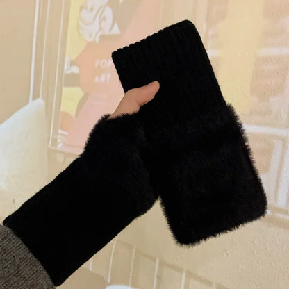 Cozy Plush Knit Fingerless Gloves For Women Warm White Wrist Mittens ❄️