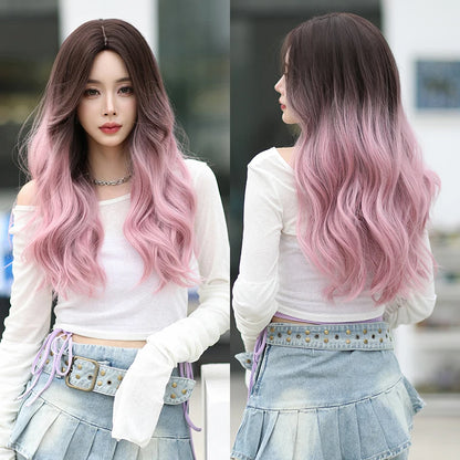 Kawaii Dreamy Sakura Pink Wavy Wig 🌸✨ | High-Density Curly Hair with Bangs for Sweet Girls 💖🎀