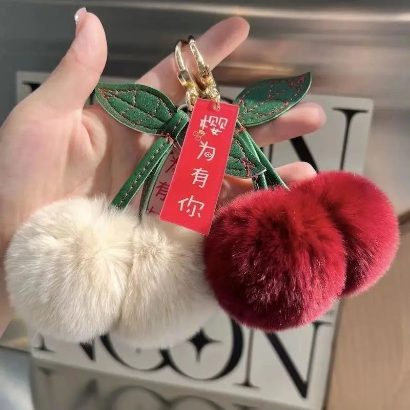 Fluffy Rex Rabbit Fur Ball Pompom Leaf Keychain Cherry Charm 🐰🍒✨