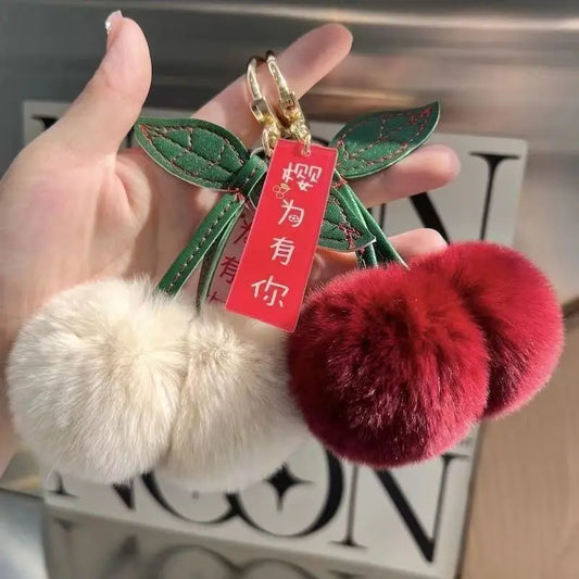 Fluffy Rex Rabbit Fur Ball Pompom Leaf Keychain Cherry Charm 🐰🍒✨
