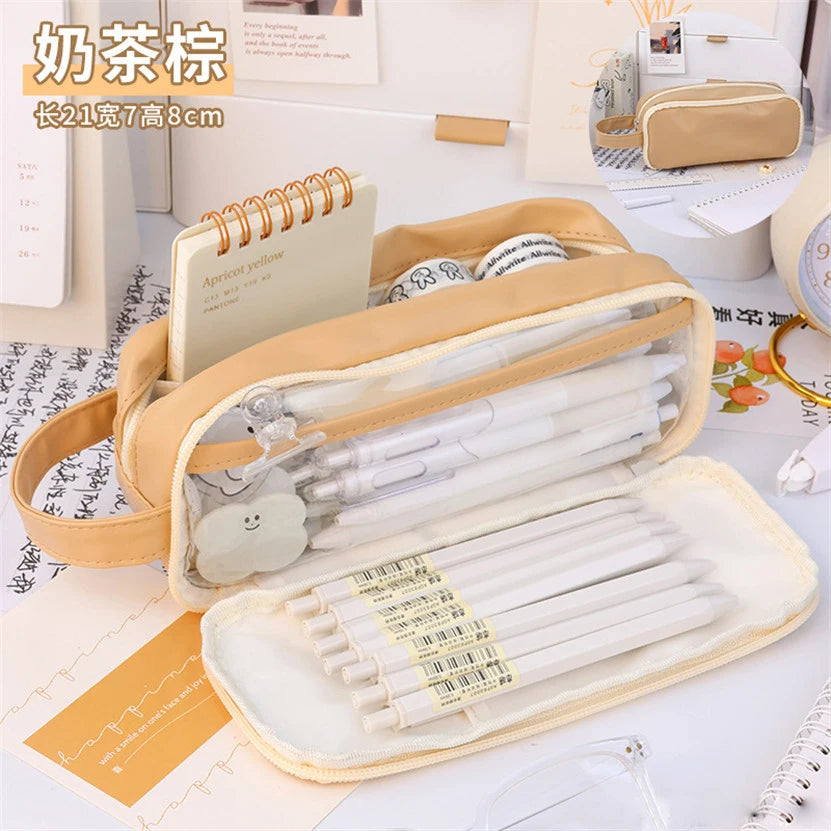 Kawaii Transparent Pencil Case 🍭✨ | Multifunctional Storage Bag for Girls 🎀 | Large Capacity Double Layer School Supplies 🎨✏️