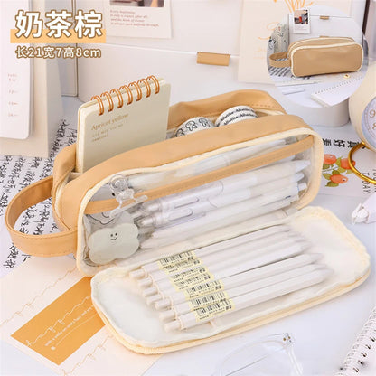 Kawaii Transparent Pencil Case 🍭✨ | Multifunctional Storage Bag for Girls 🎀 | Large Capacity Double Layer School Supplies 🎨✏️