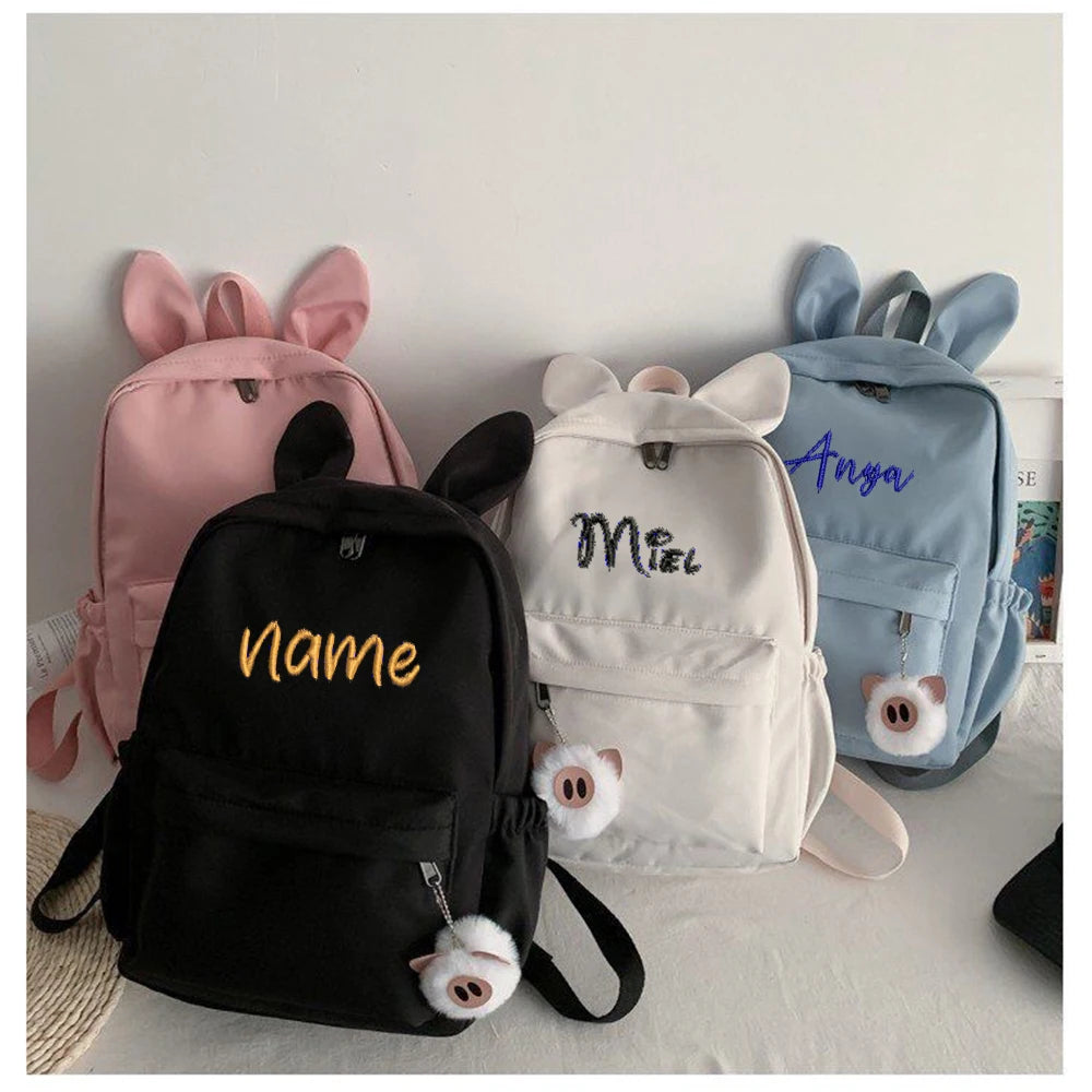 Kawaii Customizable Rabbit Ears Nylon Backpack 🎒✨ | Personalized Embroidered Name Bag for Students 🐇🎀