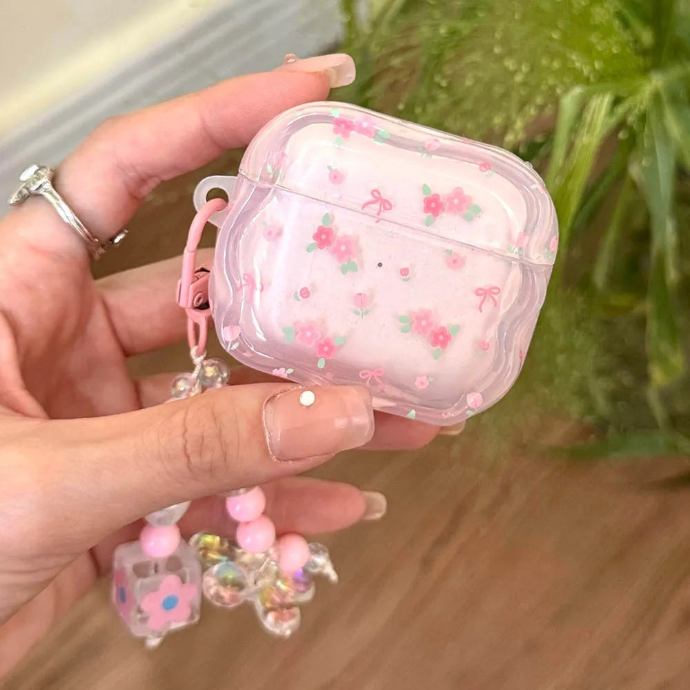 Cute Pink Flower Pattern Headphones Case For Airpods Pro 2nd 3rd Generation Soft Cover For AirPods 1 2 3 With Pearl Keychain - Pixie Quill