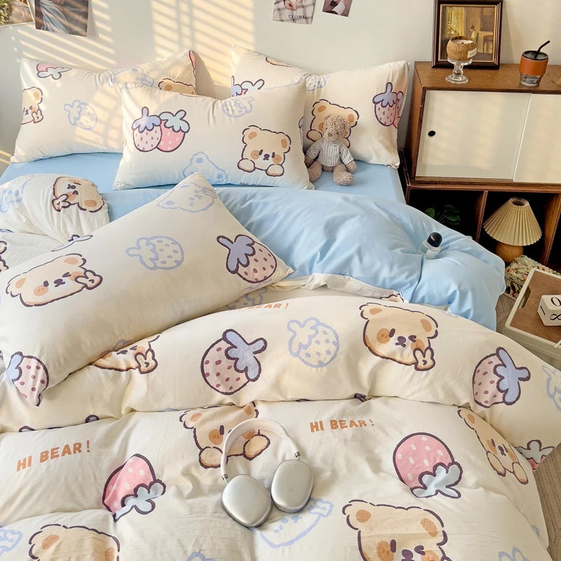 Kawaii Bear & Strawberry Duvet Cover Set 🍓🧸✨ - Perfect for Kids' Rooms!