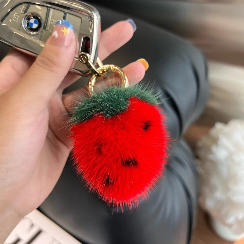 Adorable Kawaii Strawberry Mink Fur Keychain 🍓✨ - Fluffy Bag Charm & Cell Phone Pendant for Women! 👜💕