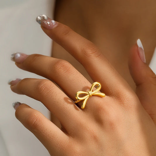 Kawaii Stainless Steel Bow Tie Ring 🌟✨ Adjustable & Chic Jewelry for Women 💖 Perfect Gift for Special Occasions! 🎁