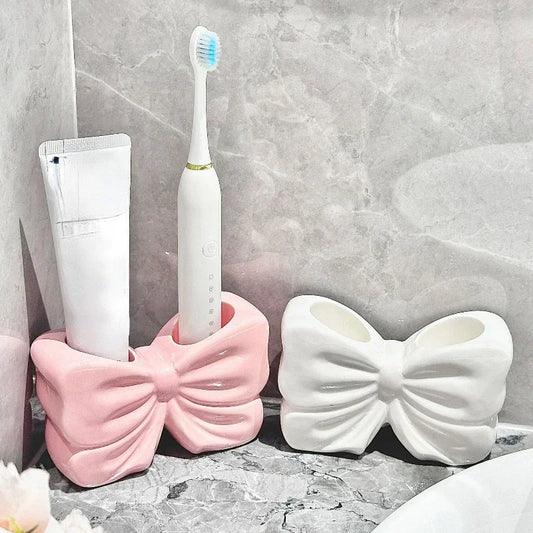 Kawaii Ceramic Bow Toothbrush Holder 🎀✨ | Cute Toothpaste Rack for Adorable Bathrooms 🛁💕