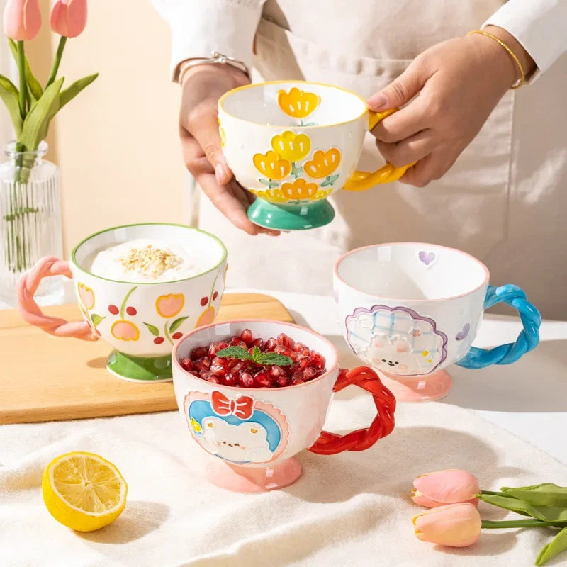 Charming Kawaii 450ml Hand-Painted Ceramic Mug ☕️✨ Cute Breakfast Oatmeal Cup for Joyful Mornings! 🎉