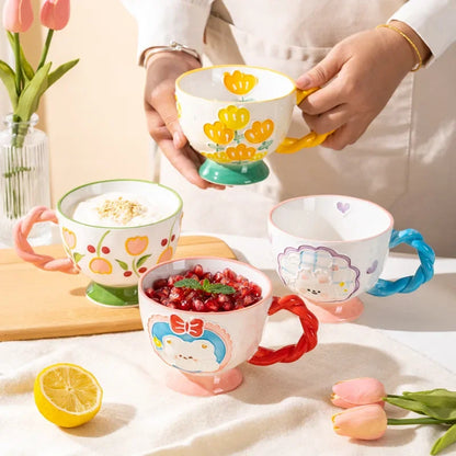 Charming Kawaii 450ml Hand-Painted Ceramic Mug ☕️✨ Cute Breakfast Oatmeal Cup for Joyful Mornings! 🎉