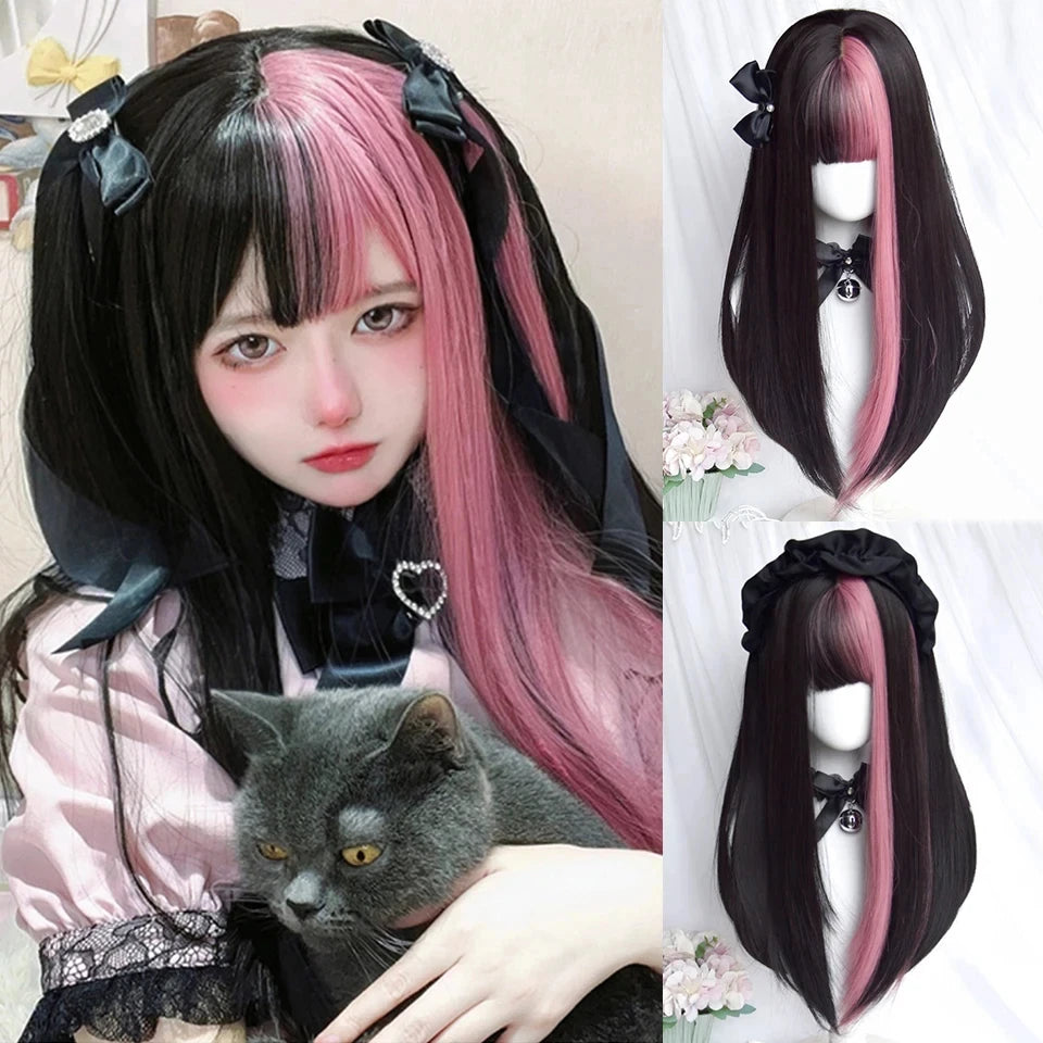 Enchanting Ombre Kawaii Wig 🌈✨ - Long Straight Lolita Style with Bangs in Glacier Blue & Blonde!