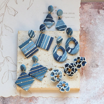 Navy Blue Flower Polymer Clay Dangle Earrings Cute For Women 💙✨